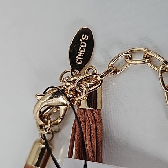 Chico's Long Rustic Stone Statement Necklace w Faux Leather Fringe & Gold Chain - Picture 8 of 13